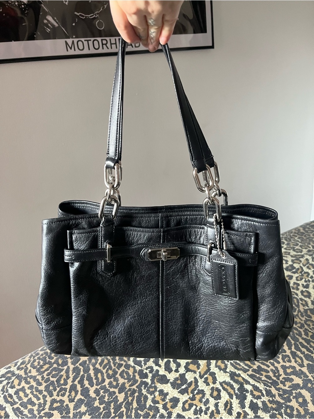Coach Black Leather Double-Handle Satchel with Silver Hardware